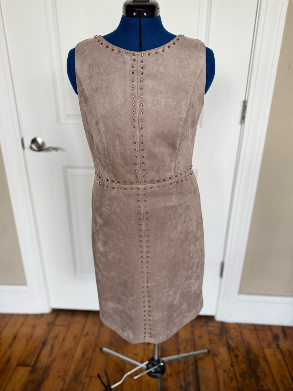 Jax Taupe Faux-Suede Studded Sheath Dress — Size 10
